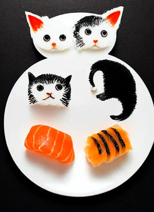 Image similar to clear surrealist painting of adorable cats made from sushi rice, sitting on sushi plates with garnish