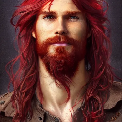 Image similar to portrait of a young ruggedly handsome but joyful pirate, male, masculine, upper body, red crimson hair, long flowing hair, fantasy, soft grin, intricate, elegant, highly detailed, digital painting, artstation, concept art, matte, sharp focus, illustration, art by artgerm and greg rutkowski and alphonse mucha