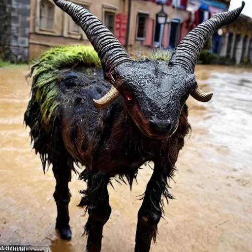 Prompt: horror, a monstrous mutant goat creature is galloping across a muddy medieval village square in daylight, filthy matted fur, human eyes, disturbing, mutated, crocodile - like teeth