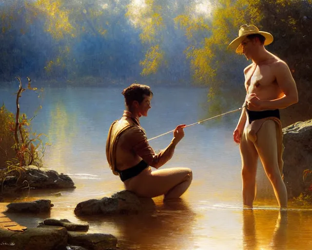 Image similar to attractive magician man, casting water magic, making waves rise from a beautiful lake. highly detailed painting by gaston bussiere, craig mullins, j. c. leyendecker 8 k