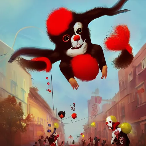 Prompt: flying squirrels fight clowns in the streets, illustration, artstation, concept art, 8 k,