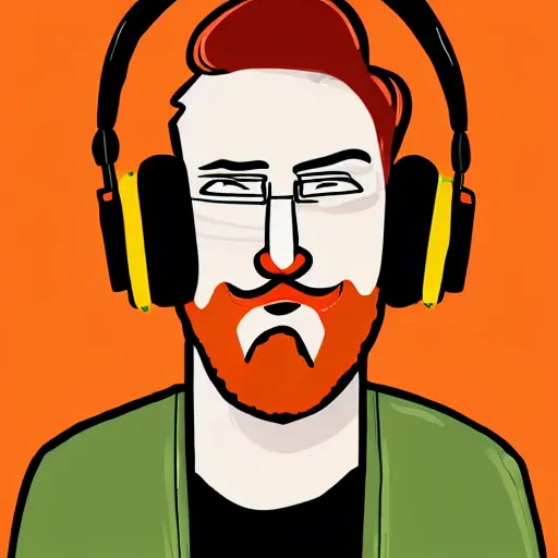 Image similar to streamer on twitch with black hat, stubble, ginger hair, orange hair, black cap, stubbles, red headphones, in the style of jeremiah ketner, art, abstract