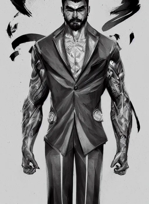 Image similar to a highly detailed illustration of serious short black haired filipino man with goatee wearing suit, dramatic reading book pose, muscular, intricate, elegant, highly detailed, centered, digital painting, artstation, concept art, smooth, sharp focus, league of legends concept art, WLOP