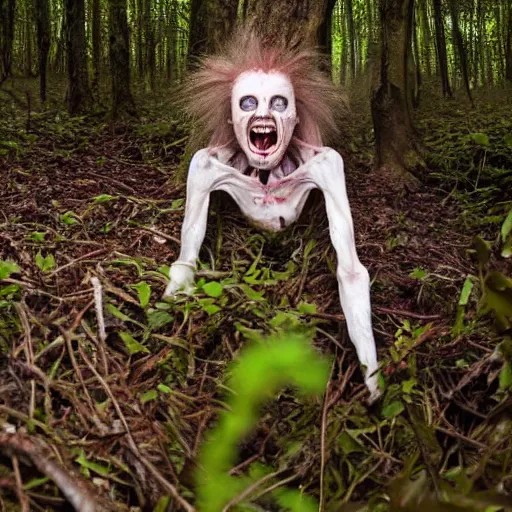 Image similar to horror, hd photography, matted hair, rotten figure, bony, grinning, long tongue, crawling through undergrowth in a dense forest in daytime, wide eyes