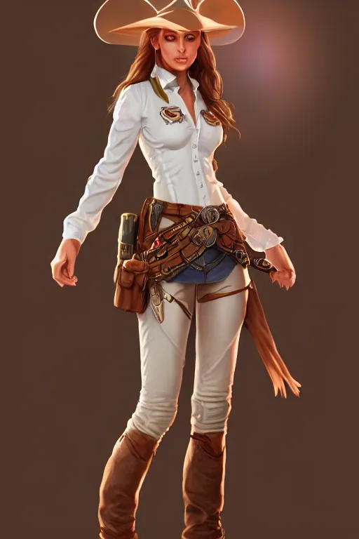 Image similar to full body, female cowgirl, perfect face, white blouse, holster, 8 k, magic the gathering, desert, d & d, artstation, high detail, smooth, muscular