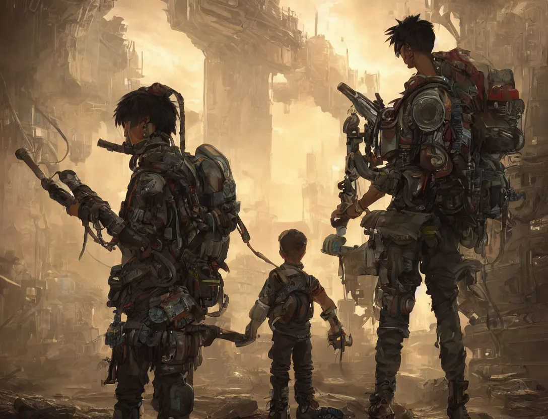 Image similar to an intricate concept art of a boy with backpack and sci - fi tools, cinematic, post - apocalyptic, hyper maximalist, matte painting, ultra detail, concept art, hyper realistic, cgsociety, hyper maximalist, artstation, deviantart, style by feng zhu and dylan cole, octane render, anime style