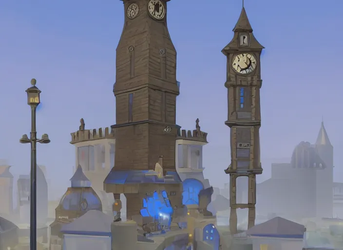 Image similar to a clock tower with a blue light on top of it, concept art by senior environment artist, polycount contest winner, new sculpture, concept art, sketchfab, 2 d game art