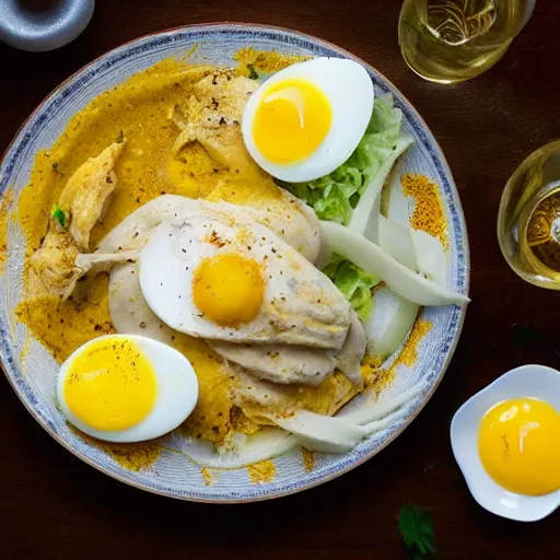 Image similar to aji de gallina, garnished with half eggs, served over boiled sliced potatoes on top of a bed of lettuce, michelin star restaurant, award winning photo, food photography, 4 k