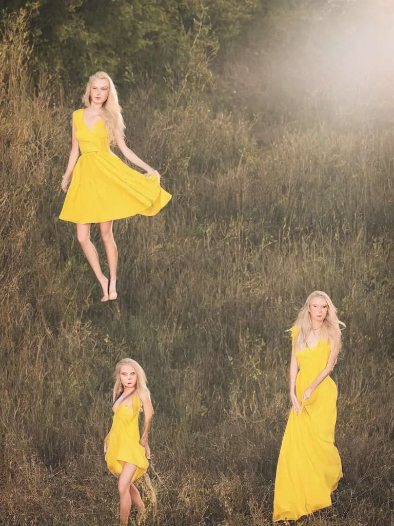 Prompt: fashion magazine portrait, 22yo blonde model, yellow dress, sunset, backlit hair, by lake