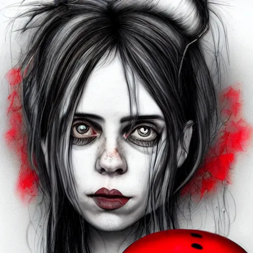 Prompt: surrealism grunge cartoon portrait sketch of billie eilish the raven with a wide smile and a red balloon by - michael karcz, loony toons style, cindy lou who style, horror theme, detailed, elegant, intricate