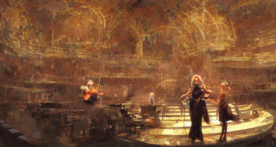 Prompt: craig mullins and ghibli digital art of inside the theater, on the stage, masked female violinists, solo performance ， exotic costumes, gold jewelry, black hair, realistic shading, cinematic composition, realistic render, octane render, detailed textures, photorealistic, wide shot