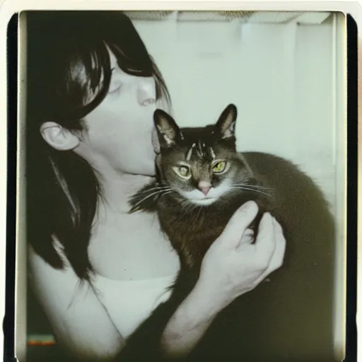 Image similar to A cat licks its owner, polaroid photo,