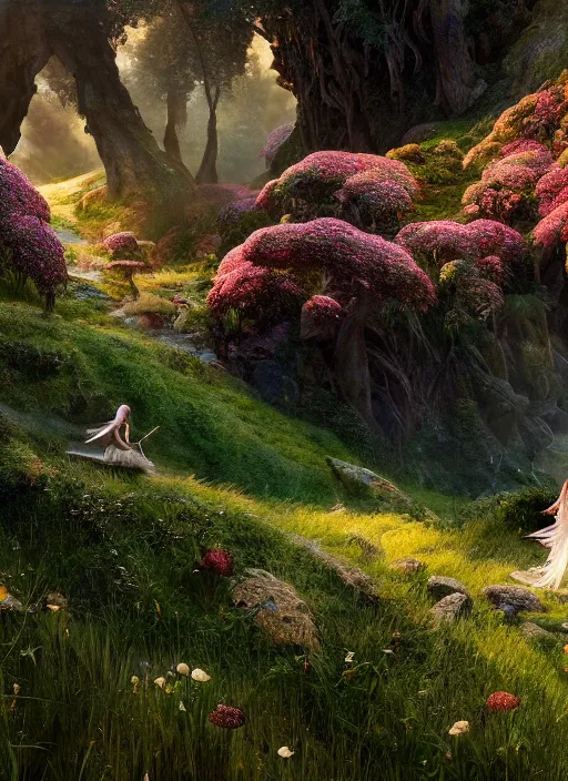 Prompt: a beautiful fairy in the lord of the rings scenery landscape, looking out at a vast lush valley of flowers and mushroom structures, sunrise, god's rays highly detailed, vivid color, cinematic lighting, perfect composition, 8 k, gustave dore, derek zabrocki, greg rutkowski, belsinski, octane render