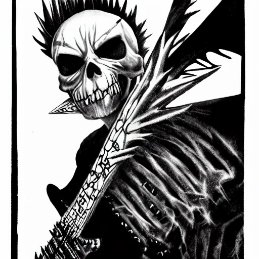 Image similar to a portrait of the grim reaper as a punk rocker playing an electric guitar, punk, skeleton face, mohawk, dark, fantasy, leather jackets, spiked collarsand wristbands, piercings, boots, ultrafine detailed pencil art on paper by frank frazetta and vito acconci and and takeshi obata, death note style, symetric body, sharp focus