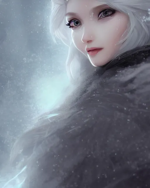 Image similar to a beautiful snow sorceress, flowy white grey hair, grey eyes, winter, frozen, snow, cinematic lighting, highly detailed, digital painting, trending on artstation, pixiv, concept art, sharp focus, illustration, art by ross tran and wlop, dark art