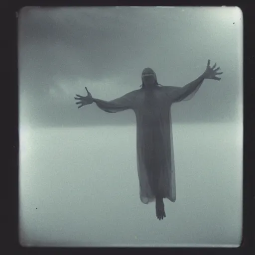 Prompt: semi translucent frog in Jesus Christ pose hovering over misty water, polaroid photography by Andrei Tarkovsky, paranormal, spiritual, mystical