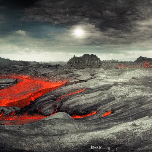 Image similar to wide open landscape in hell, river styx, lava, ruins, fortresses, dark sky, hellscape, digital art