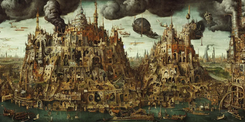 Image similar to industrial megastructure in the style of heironymus bosch, intricate masterpiece, hyper detailed, hd