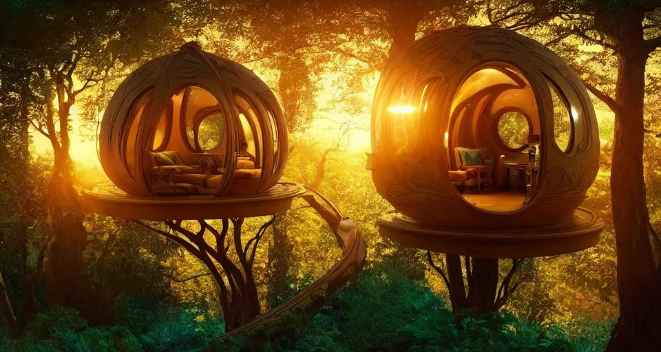 Prompt: An incredibly beautiful scene from a 2022 sci-fi film featuring a cozy art nouveau reading nook inside a fantasy treehouse. Golden Hour. 8K UHD.