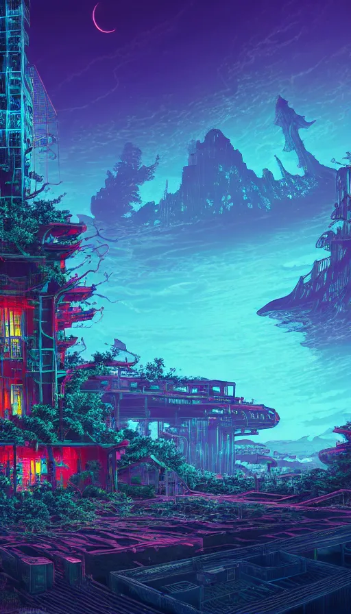 Image similar to reclaimed by nature by moon hoon, darkacademia atlantis cosmic san andreas at dawn neon signs tokyo synthwave universe, archdaily, wallpaper, highly detailed, trending on artstation.