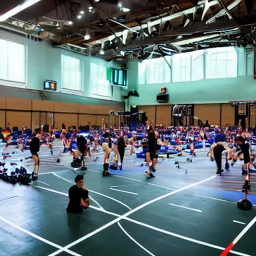 Image similar to a gym full of people preparing themselves for competetive sleeping, sports event, action photography