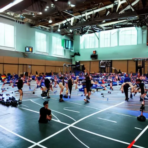 Prompt: a gym full of people preparing themselves for competetive sleeping, sports event, action photography