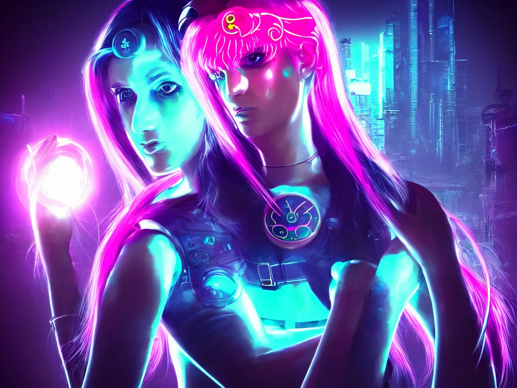 Prompt: a portrait of the neon cyberpunk sailor moon with arm tattoos, single person, dystopian scifi gear, gloomy, profile picture,