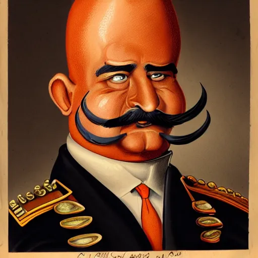 Prompt: a caricature of an angry south-american muscular army general, thick mustache, bald, orange skin, pear-shaped skull with the thicker part at the bottom, wearing a thin golden forehead headband, high-quality digital art