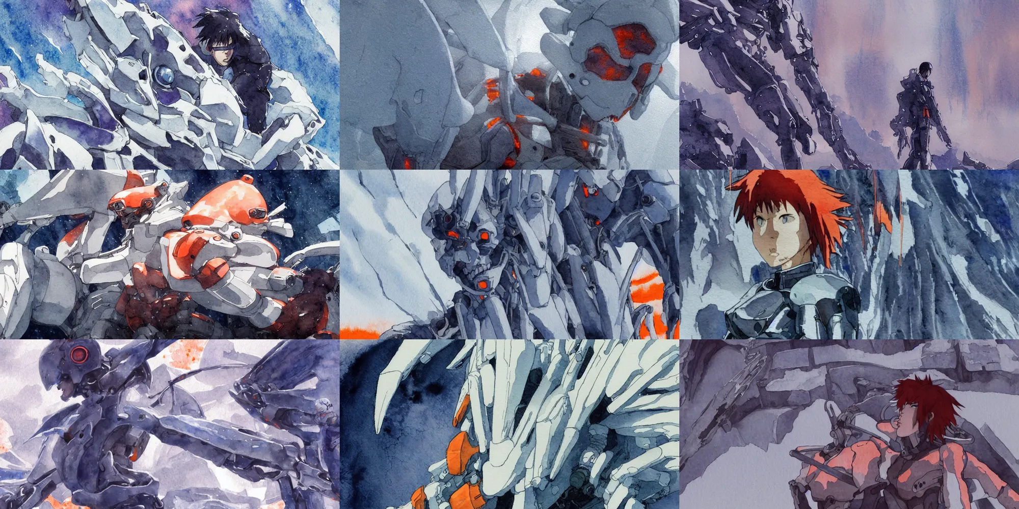 Prompt: incredible screenshot, simple watercolor, masamune shirow ghost in the shell movie scene close up broken Kusanagi, Giant robot head, giant robot bones, spine and ribs in glacier in Antarctica, rocky cliff, sparks, frozen waterfall, frost, snow, wearing a parker, windy, dust, most memorable scene, red, blue, orange, short hair, odd pipes, greebles, ice, metallic reflections, refraction, bounce light, phil hale, Yoji Shinkawa, bright rim light, hd, 4k, remaster, dynamic camera angle, deep 3 point perspective, fish eye, dynamic scene