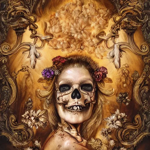 Image similar to a beautiful detailed front view baroque portrait of a rotten woman corpse becoming almost a skull with fractal plants and fractal flowers and mushrooms growing around, intricate, ornate, volumetric light, beautiful lit, polaroid photography