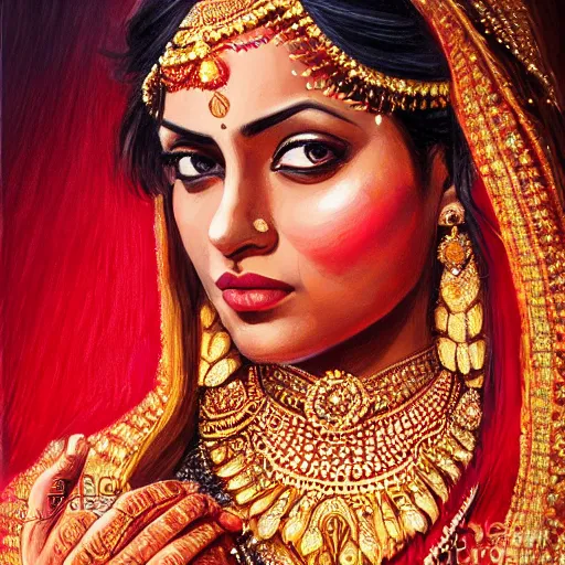 Image similar to Indian Bride, oil painting, portrait, intricate complexity, rule of thirds, face by Artgerm, character concept, dramatic lighting, complementary colors