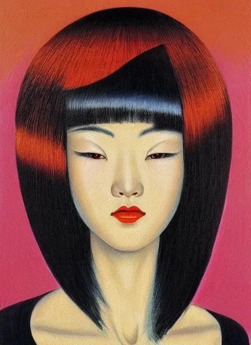 Image similar to painting of a japanese woman with bangs, kitsch, by vladimir tretchikoff