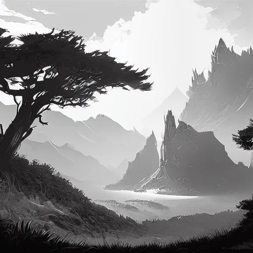 Prompt: fantasy landscape, vector art by greg rutkowski, b & w