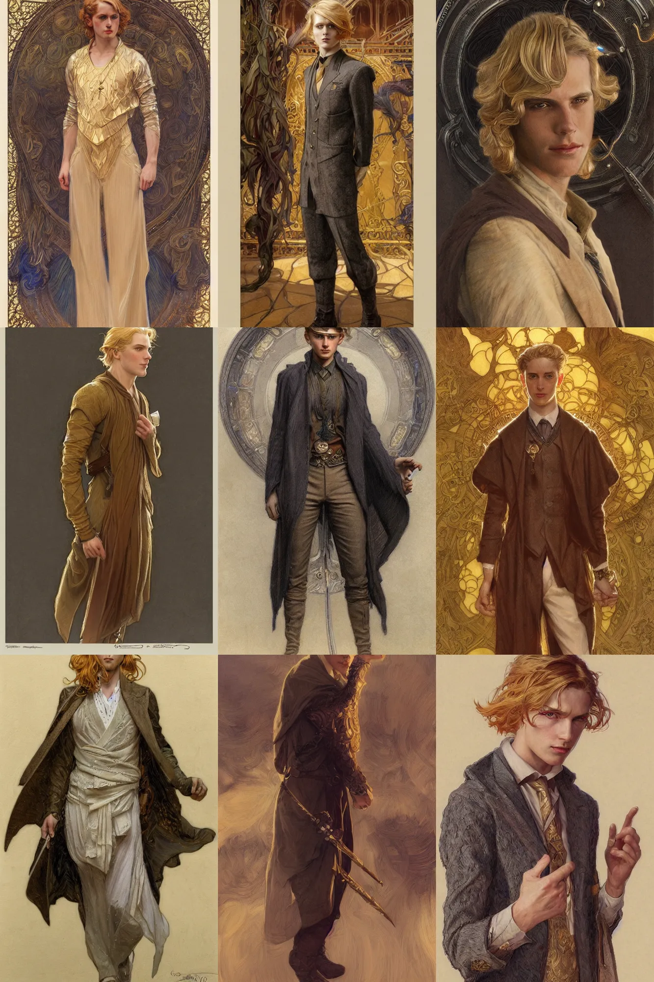 Prompt: young male mage, golden hair, 1 9 2 0 s fashion, highly detailed, intricate, smooth, sharp focus, artstation, digital paining, concept art, art by donato giancola, greg rutkowski, artgerm, cedric peyravernay, alphonse mucha