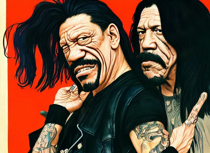 Image similar to portrait of danny trejo exploring a haunted house, long black hair, leather vest and jeans, kyoto animation still, finely illustrated face, intricately detailed features, digital painting, makoto shinkai, painted by ilya kuvshinov and katsura masakazu and alphonse mucha and satoshi kon