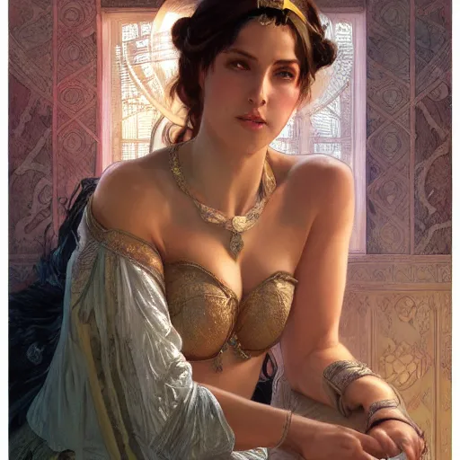 Image similar to character portrait of Mata Hari, relaxing mood, intricate, wild, highly detailed, digital painting, artstation, upper body, concept art, smooth, sharp focus, illustration, art by artgerm and greg rutkowski and alphonse mucha