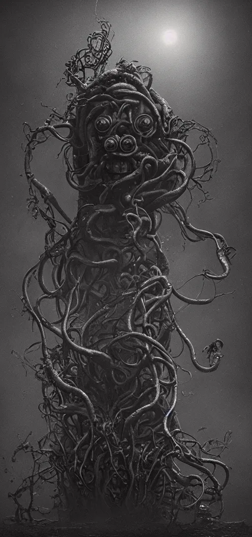 Image similar to thomas the tank engine in style of zdzisław beksinski, extremely dramatic lighting, 8 k, tendrils, black, darkness, black slime tendrils, infected, rust, body horror, thomas the train, thomas the tank engine face, horror,