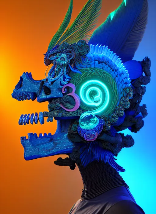 Image similar to 3 d goddess profile portrait, sigma 5 0 0 mm f / 5. beautiful intricate highly detailed quetzalcoatl skull and feathers. bioluminescent, plasma, lava, ice, water, wind, creature, thunderstorm! artwork by tooth wu and wlop and beeple and greg rutkowski, 8 k trending on artstation,