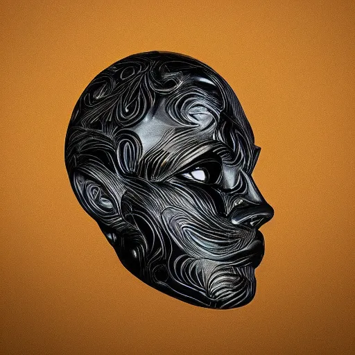 Image similar to a face carved of black marble. black background. expressive eyes. symmetry. epic. ominous shapes. lighting from the bottom. trending on artstation