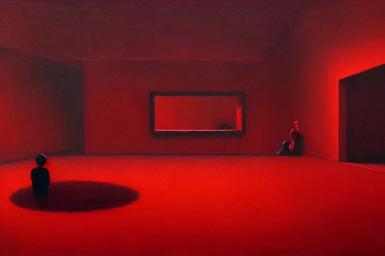 Image similar to only with red, netflix studios with workers, a big mickey mouse head in the middle of the room, in the style of beksinski, parts by edward hopper, parts by rodcenko, parts by yue minjun, intricate and epic composition, red by caravaggio, insanely quality, highly detailed, masterpiece, red light, artstation, 4 k