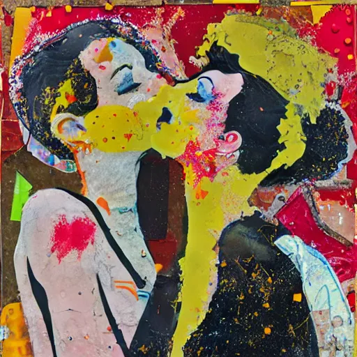 Image similar to two women kissing at a carnival, mixed media collage, retro, paper collage, magazine collage, acrylic paint splatters, bauhaus, abstract claymation, layered paper art, sapphic visual poetry expressing the utmost of desires by jackson pollock