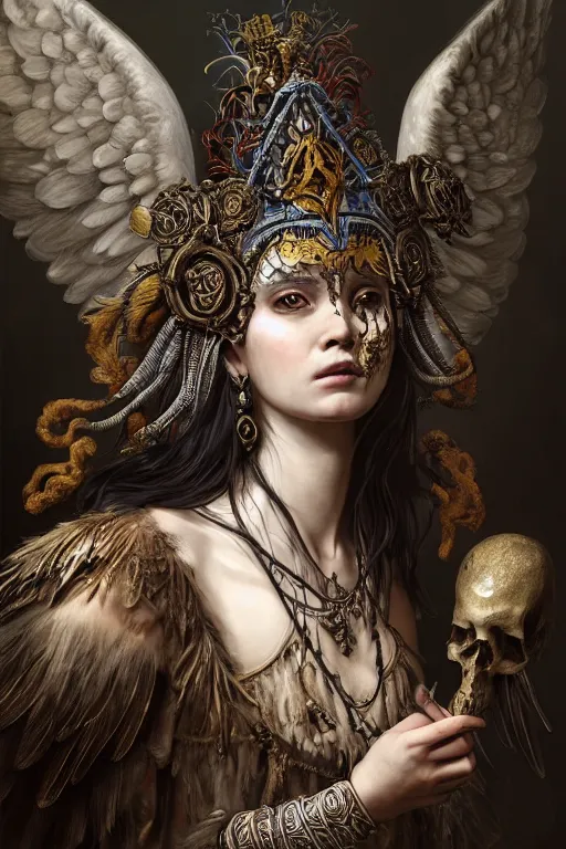 Image similar to A masterpiece ultrarealistic portrait of a Irristible angel princess tribal-shaman-knight-witch-ghost with Skull Iron mask. baroque renaissance girl in the night forest. medium shot, intricate, elegant, highly detailed. trending on artstation, digital art, by Stanley Artgerm Lau, WLOP, Rossdraws, James Jean, Andrei Riabovitchev, Marc Simonetti, Yoshitaka Amano. background by James Jean and Gustav Klimt, light by Julie Bell, 4k, porcelain skin.