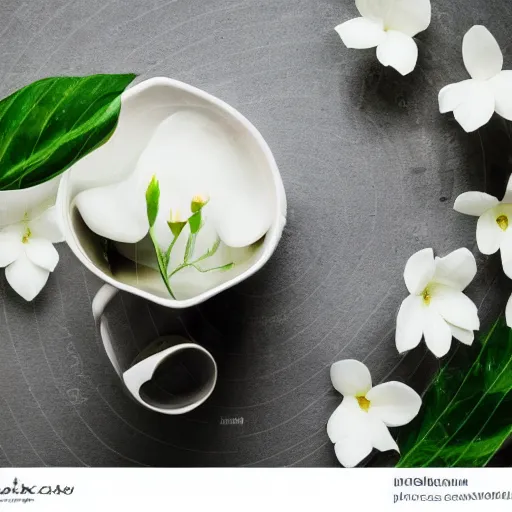 Image similar to ceramic mug surrounded by white flowers and green leaves, soft clean zen minimalist, white background, brightly lit, cool crisp