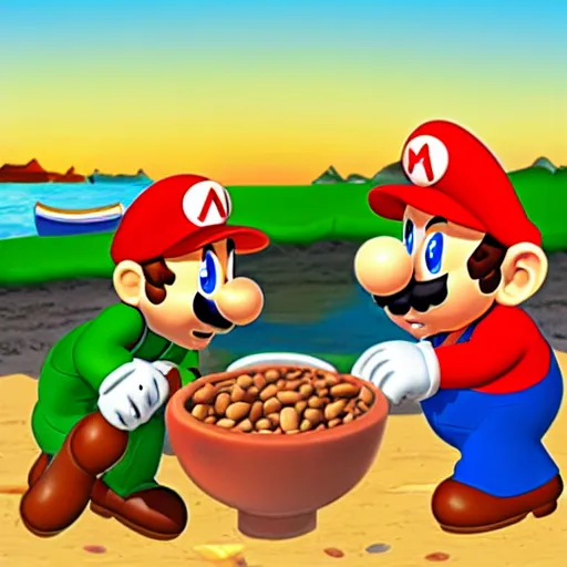 Image similar to mario and luigi on the beach eating beans, the sun setting in the background