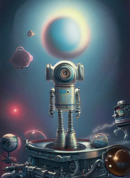 Prompt: highly detailed wide - angle, portrait of a retro robot deep space explorer, unreal engine, nicoletta ceccoli, mark ryden, earl norem, lostfish, global illumination, detailed and intricate environment