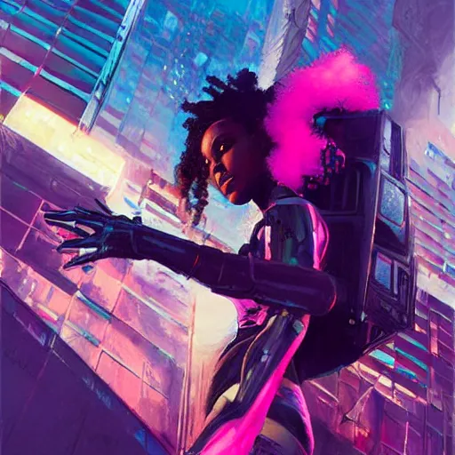 Image similar to a black girl flying through the synthwave city with a rocketpack in a cyberpunk style by greg rutkowski and android jones, oil on canvas