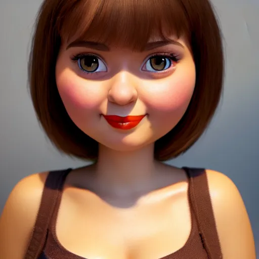 Image similar to A portrait of a plump woman, a cute 3d cgi toon woman with brown hair in a Bob, no bangs, brown eyes, full face, olive skin, romanian heritage, medium shot, mid-shot, hyperdetailed, 8k, trending on artstation, as a Pixar character