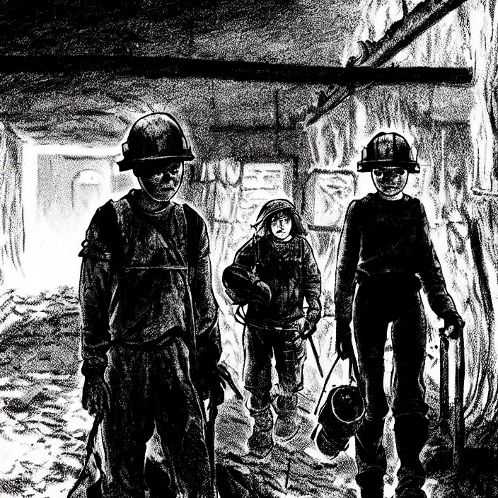 Image similar to tired sadie sink as a miner emerges out of the dark coal mine. storyboard, scifi cyberpunk. by gabriel hardman, joe alves, chris bonura. cinematic atmosphere, detailed and intricate, perfect anatomy