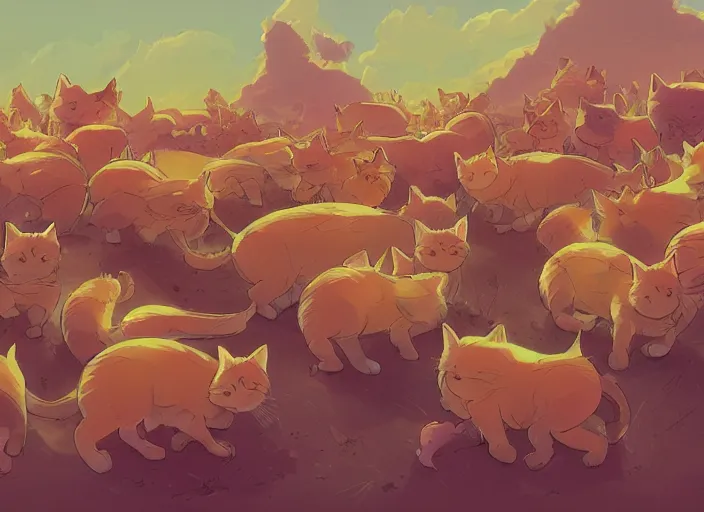 Image similar to concept art of a field of millions of kittens, cel shaded, in the style of makoto shinkai and moebius and peter mohrbacher and anton fadeev