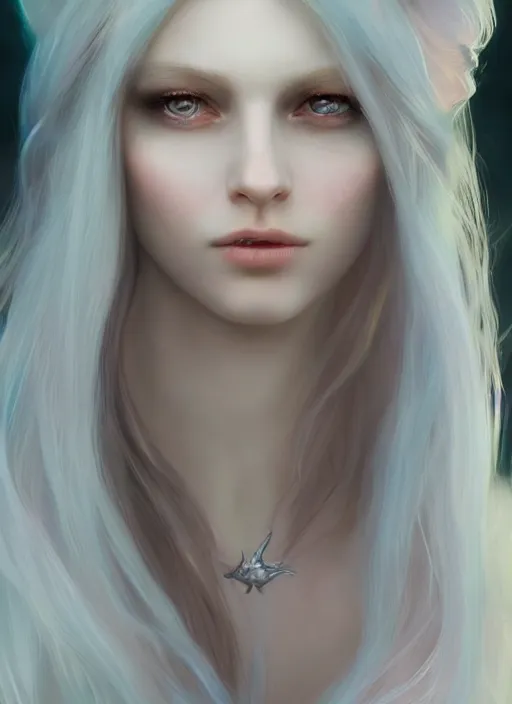 Image similar to pale, beautiful fairy spirit with long hair, pastels, fantasy, elegant, concept art, sharp focus, beautiful face!!, digital art, Hyper-realistic, 4K, Unreal Engine, Highly Detailed, HD, Dramatic Lighting, Beautiful, by Brom, trending on Artstation